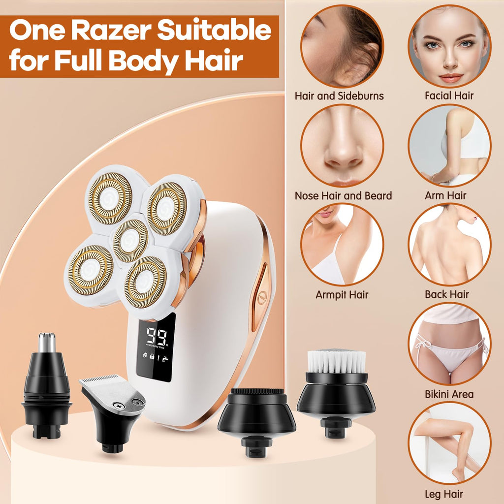 Electric Razors for Women, 5D Facial Hair Removal, 5-in-1 Wet/Dry Bikini Trimmer, Electric Shaver for Women, Rechargeable Face Shaver for Arms Legs Armpit Pubic Area, Painless Womens Grooming Kit