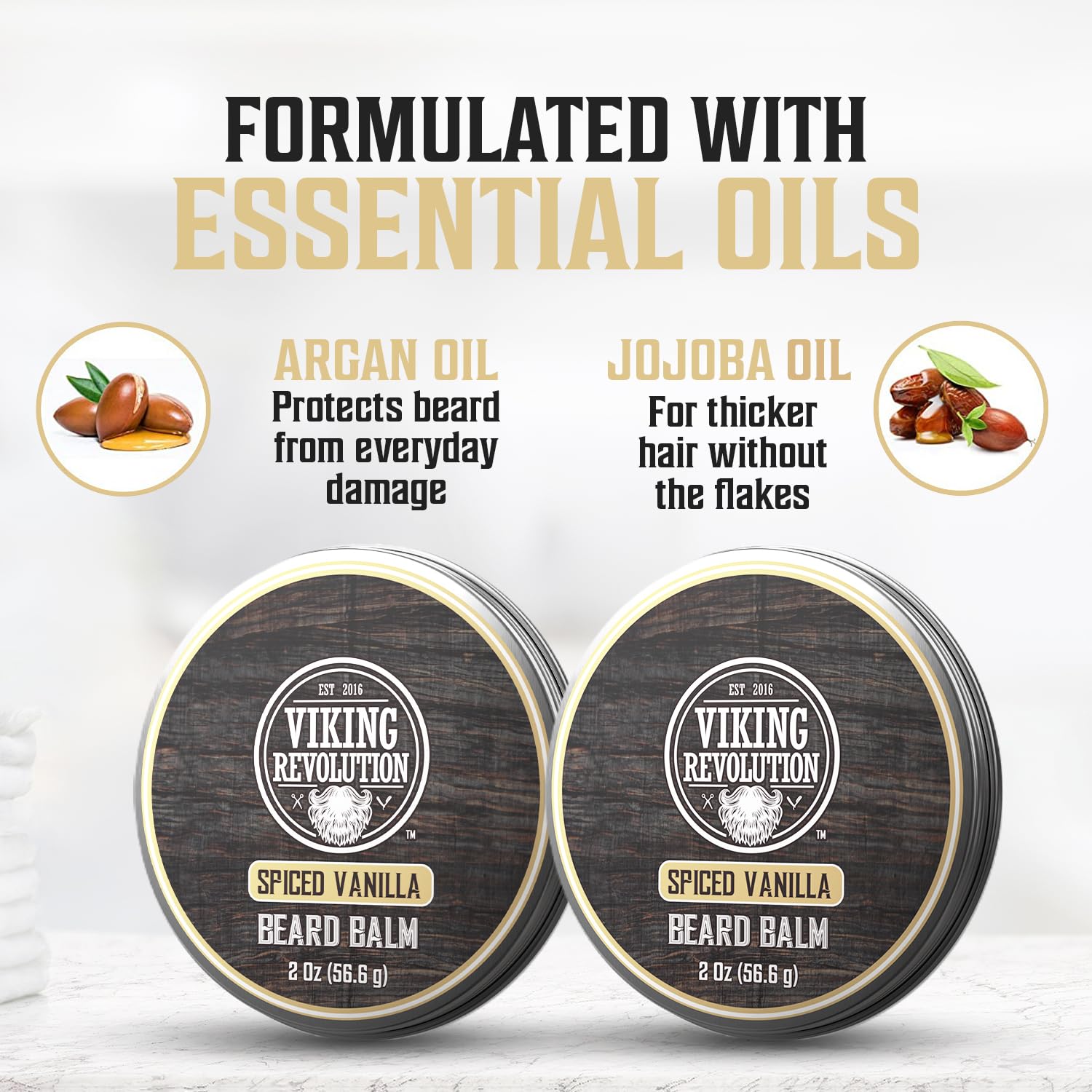Viking Revolution Spiced Vanilla Beard Balm - Beard Butter with Argan Oil, Beard Softener for Men with Jojoba Oil - Beard Moisturizer for Men with Beeswax - Beard Wax for Men (2oz, 2 Pack)