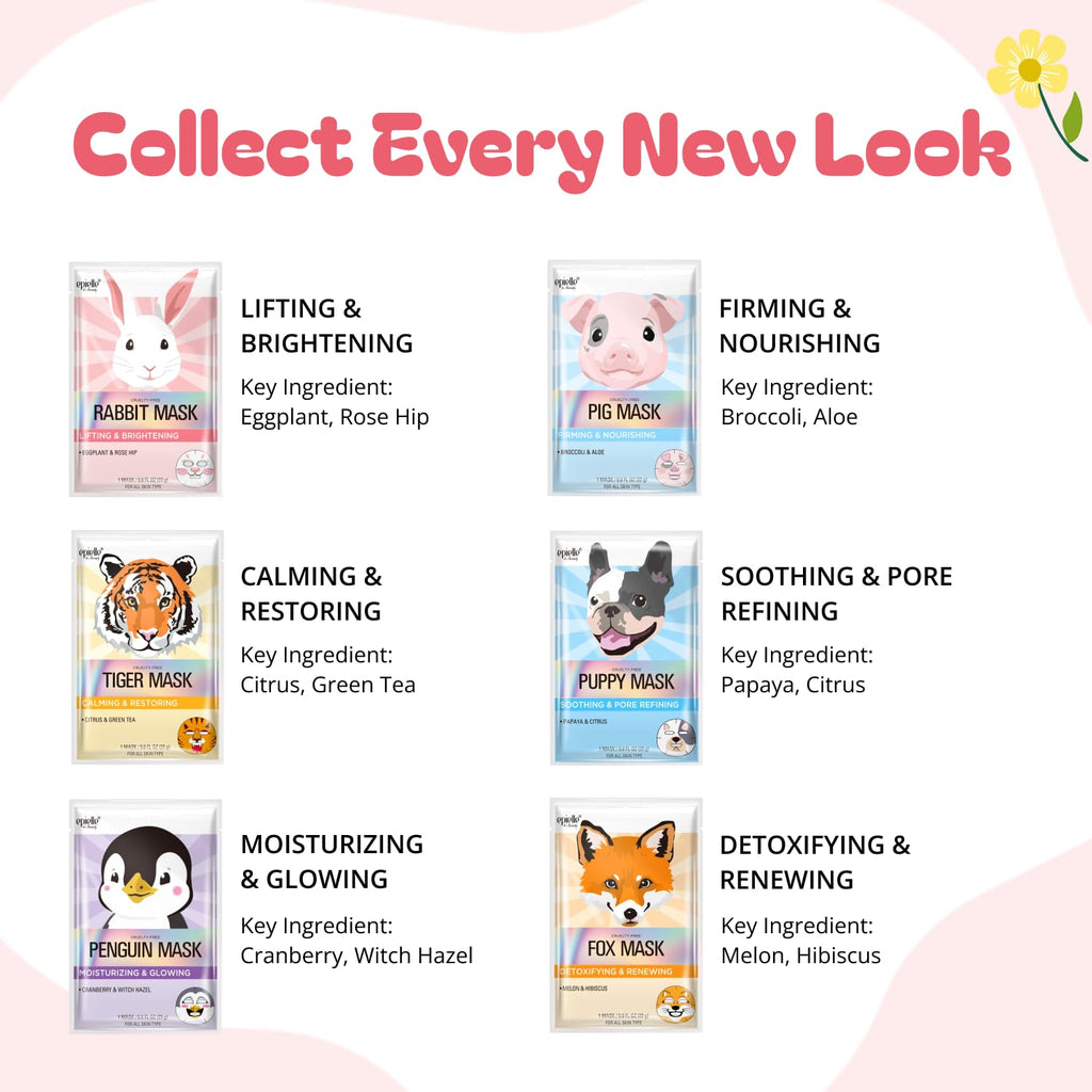 Epielle Character Face Mask Rabbit 6 Pack, Fun & Effective Korean Skin Care, Spa Party Favors, Birthday Gifts for Women, Self Care Gifts