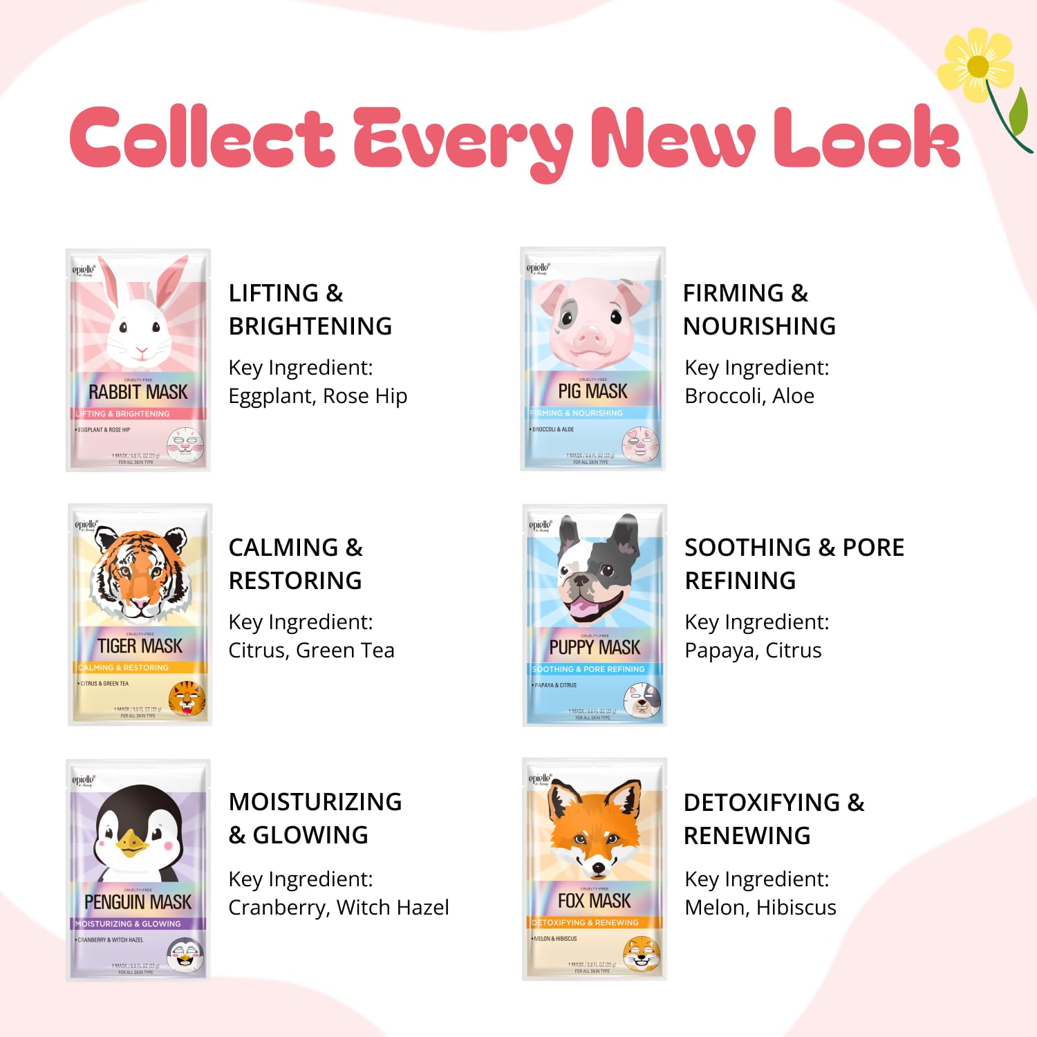 Epielle Character Face Mask Rabbit 6 Pack, Fun & Effective Korean Skin Care, Spa Party Favors, Birthday Gifts for Women, Self Care Gifts