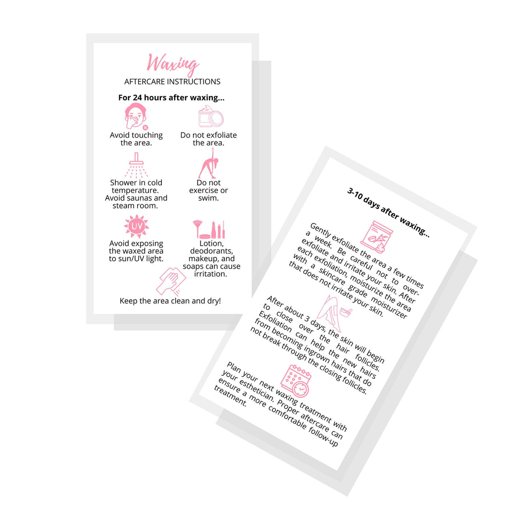 Waxing Aftercare Cards | 50 Pack | Size 2 x 3.5” inches Business Card Size | Waxing Aftercare Kit Cards PMU | Aftercare Instructions White with Pink Icons Design