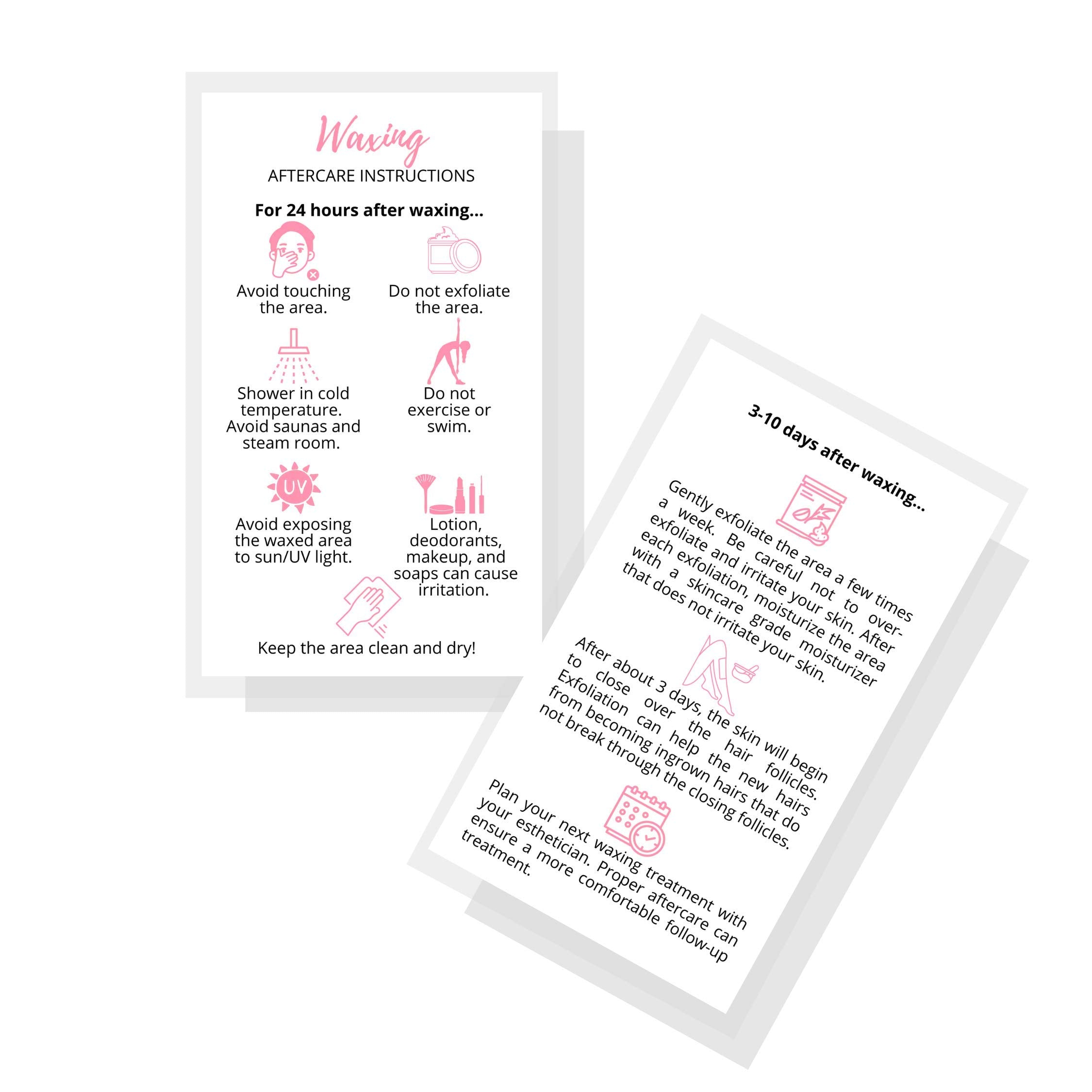 Waxing Aftercare Cards | 50 Pack | Size 2 x 3.5” inches Business Card Size | Waxing Aftercare Kit Cards PMU | Aftercare Instructions White with Pink Icons Design