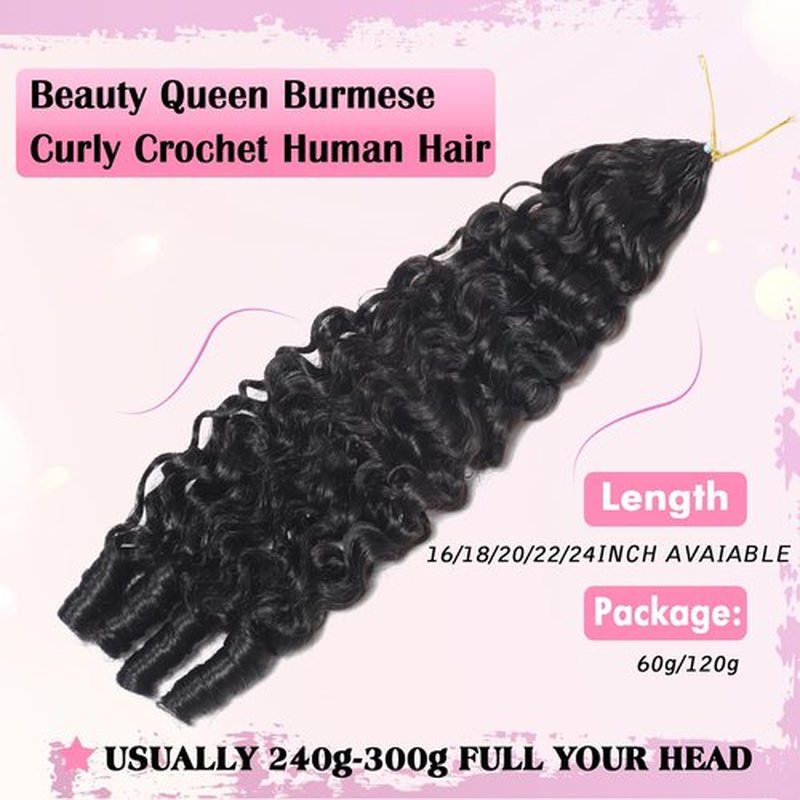 Beauty Queen Burmese Curly Crochet Human Hair 16inch 60g Knotless Pre-Separated Feather Human Crochet Hair Lightweight Reusable Remy Hair Extensions With Spiral Curl for Women Natural Black Color