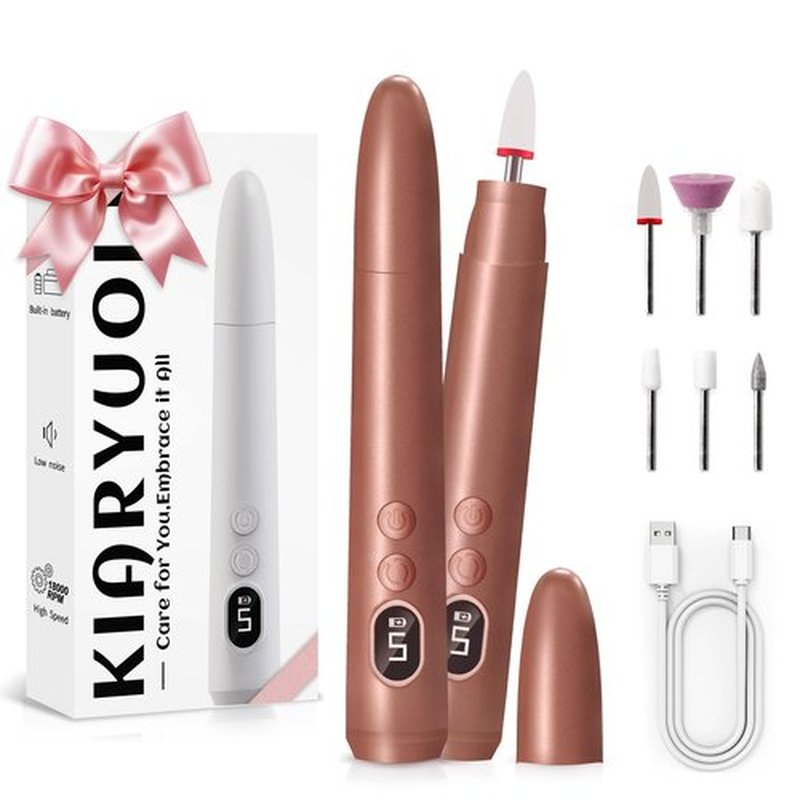 KIARYUOLL Cordless Electric Nail Drill Kit, Portable Rechargeable Nail Drill Set, Battery Electric Nail File, 5 Speeds Modes, LED Lighting, Reversible Direction, DIY, Professional (Gold)
