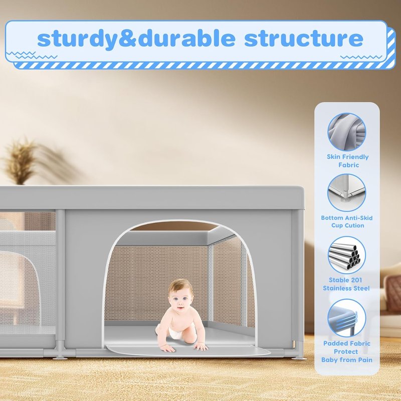 XVISHX Baby Playpen - 79 x 79 Inch Playard for Indoor & Outdoor Use | Soft, Breathable Mesh in Grey