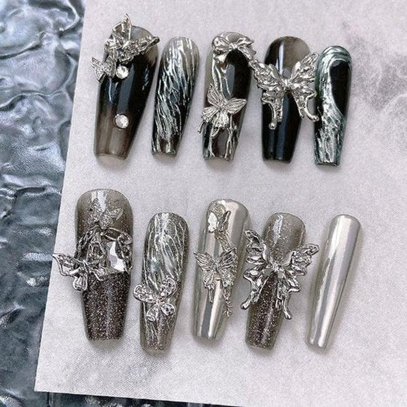 Eseres 50Pcs 3D Silver Butterfly Nail Charms for Nail Designs Y2K Nails Art Decoration DIY Crafts