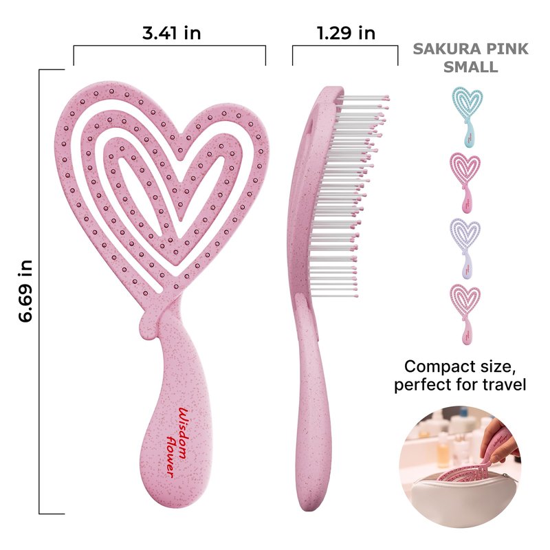 Wisdom Flower Detangler Brush – Heart-Shaped Detangling Brush for Curly, Wavy, Thick Hair – Sakura pink Hairbrushes for Women with Bowl-Curve, Flexible Bristles, Blow Dryer Safe, Small