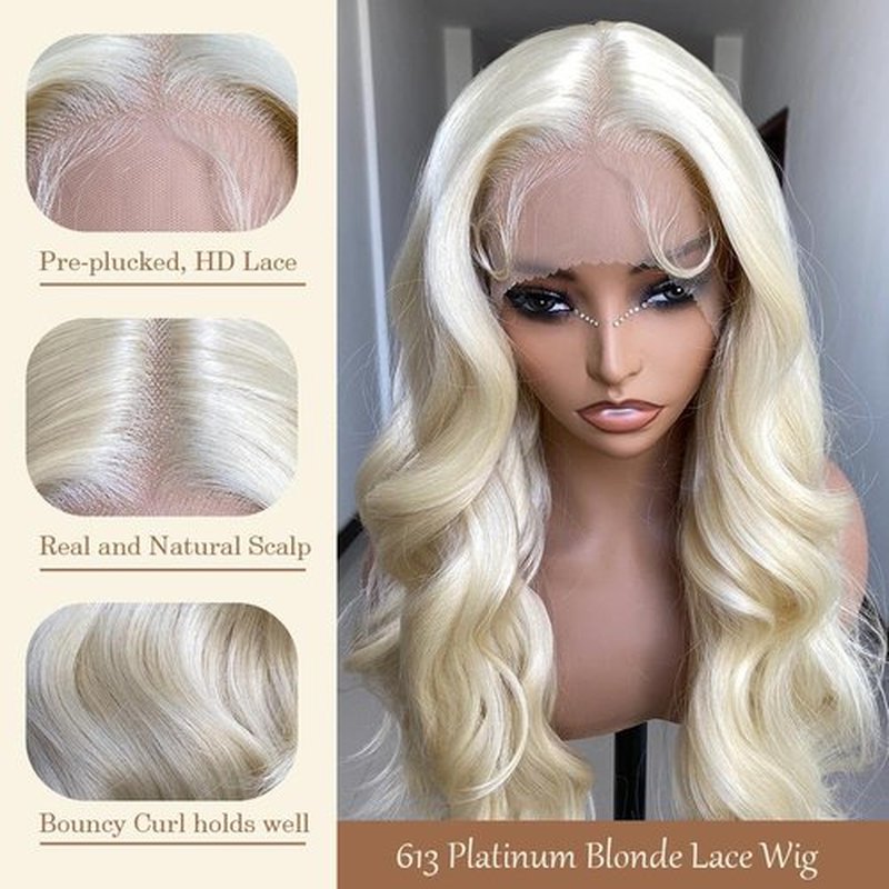 SISgrace 613 Platinum Blonde Lace Front Wigs Synthetic Body Wave Wear and Go 13x4x1 T-part Lace 28 Inch Pre-Plucked with Baby Hair HD Glueless Lace Front Wig for Women