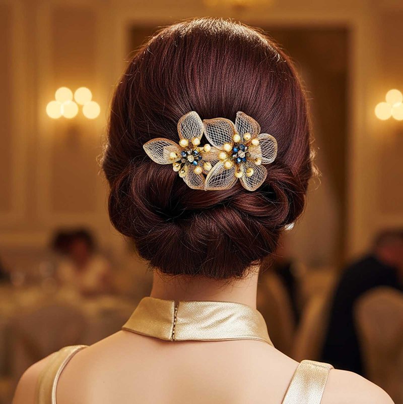 Yokawe Crystal Flower Hair Clip, Gold Mesh Design with Pearl Beads, Wedding Hair Accessory, Double Floral Barrette