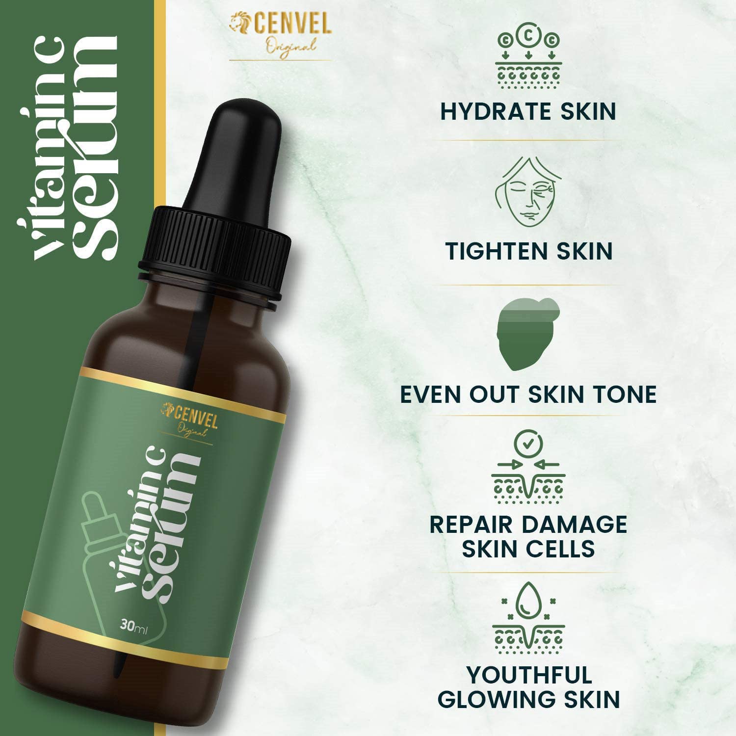 100% Real Natural Jade Stone Roller and Gua Sha Set with Vitamin C Serum | Great for Eye Puffiness Treatment, Skin Tightening, Anti Aging, Rejuvenate Face & Neck | Beauty Gift for Women (Green)