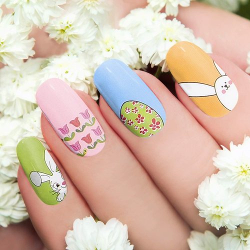 168 Pieces 12 Sheets Easter Nail Wraps Full Art Polish Stickers Spring Easter Self Adhesive Art Decals Strips Eggs Rabbits Chick Sticker with Nail File for Women Girls DIY Manicure