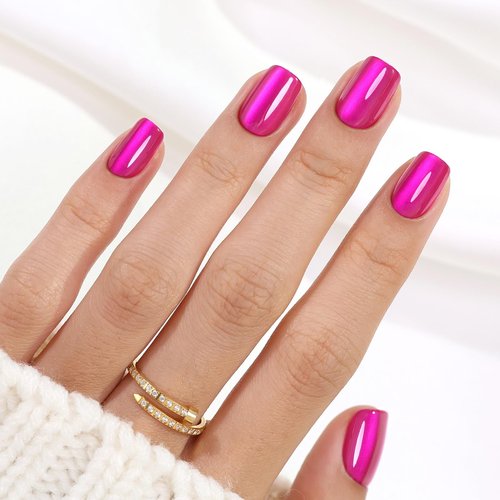 Hot Pink Press on Nails Short - SHANGMENG Soft Gel Cat Eye Press on Nails Square for Women, Naturally & Full Cover Reusable Glue on Nails in 16 Sizes - 32 Fake Nails Kit with Glue, Hot Pink