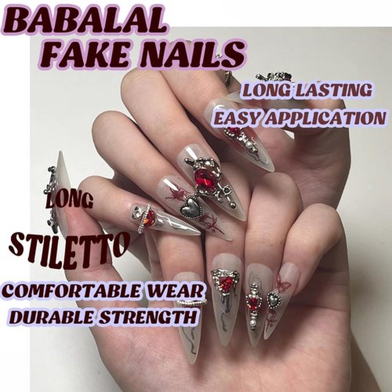 BABALAL Stiletto Press On Nails - Long, Fake, Sliver Glue, 3D, Red Planet Heart, Y2k Acrylic, 24pcs Almond Goth Manicure, Artificial Punk False Nails for Women & Girls