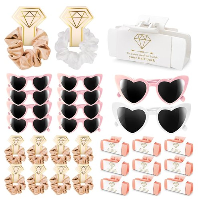 30pcs Bridesmaid Proposal Gifts Set with Bridesmaid Scrunchies Square Hair Claw Clip and Bachelorette Heart Sunglasses Girls Gift for Wedding Party Bachelorette Cam Party Favors (White&Rose Pink)