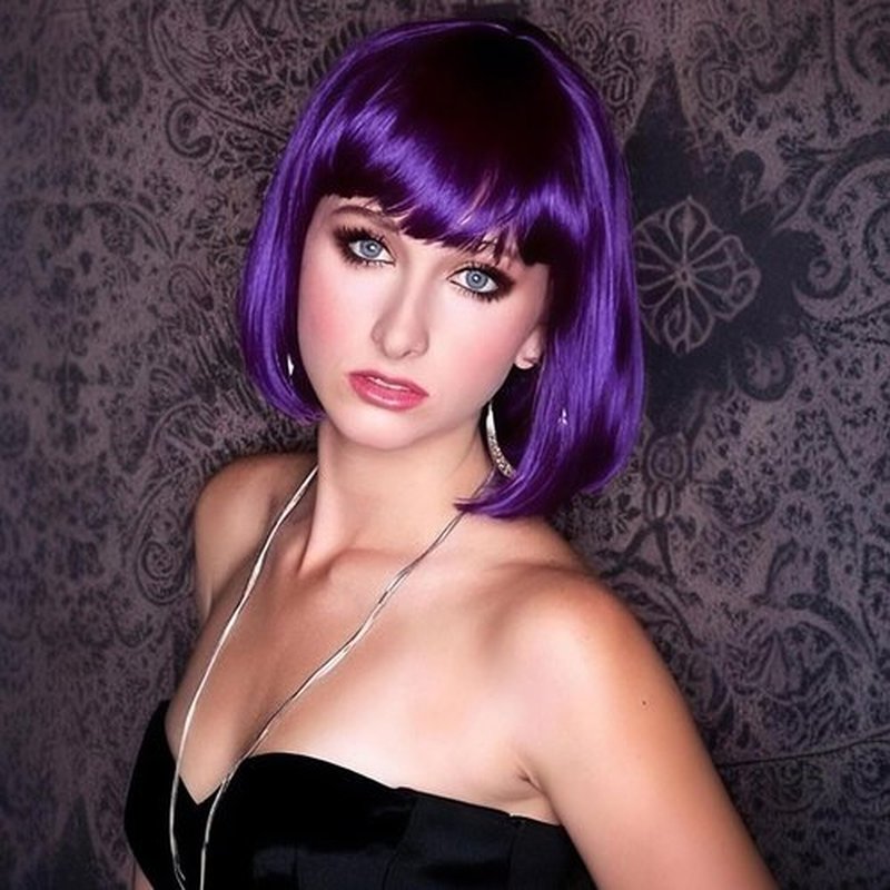 BEAUTIFA Dark Purple Bob Wig with Bangs for Women 12 Inch Short Straight Bob Purple Wigs Synthetic Colorful Wigs
