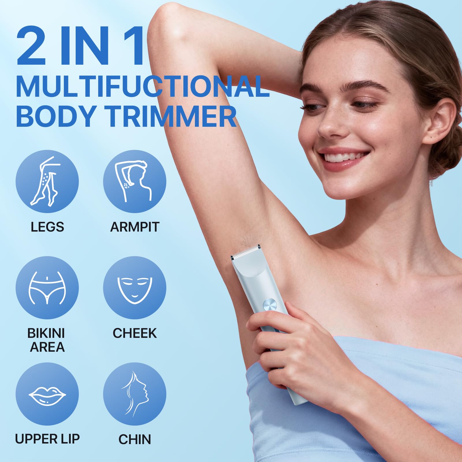 Bikini Trimmer for Women, Rechargeable 2-in-1 Electric Razor for Shower& Travel, IPX7 Waterproof Painless Hair Removal for Bikini Line, Legs, Underarms, Wet & Dry Hypoallergenic Ceramic Blade, Blue