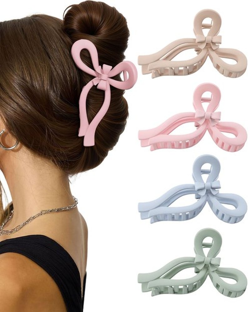 4 PCS Bow Hair Clips for Women Bow Claw Clip 5" Large Hair Claw Clips for Thick and Long Hair Cute Bows Jaw Clip (5" - Pink + Blue + Green + Dark Apricot, 5" Extra Large)