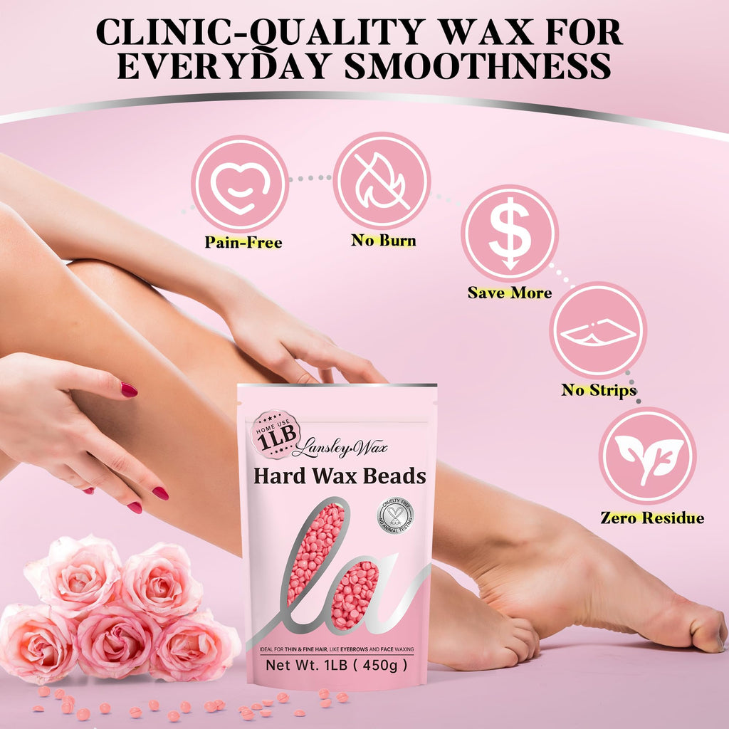 LANSLEYWAX Pink Hard Wax Beads, 1LB Wax Beans for Sensitive Skin & Full-Body Hair Removal, Brazilian/Bikini/Face/Legs/Eyebrow/Armpit/Chest Waxing Refill at Home for Women & Men, Stripless Formula