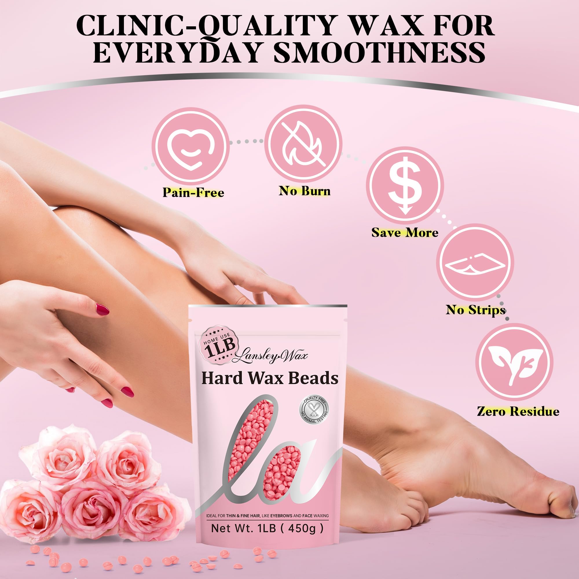 LANSLEYWAX Pink Hard Wax Beads, 1LB Wax Beans for Sensitive Skin & Full-Body Hair Removal, Brazilian/Bikini/Face/Legs/Eyebrow/Armpit/Chest Waxing Refill at Home for Women & Men, Stripless Formula
