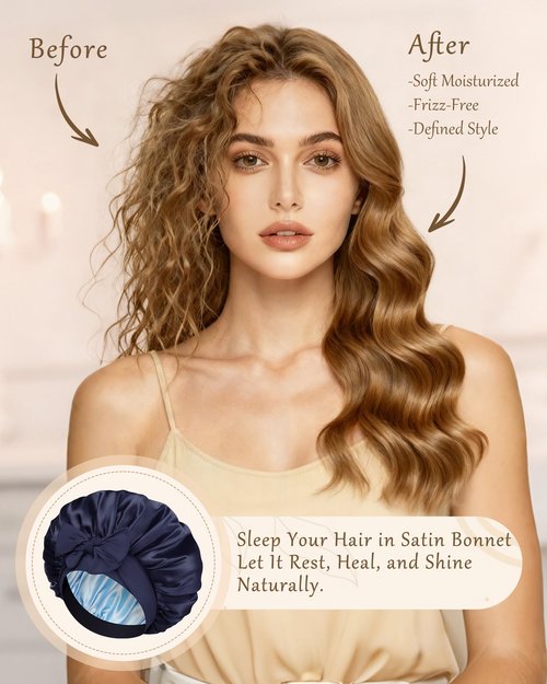Reversible Satin Bonnet for Sleeping Women Silk Double Layer Hair Cap with 2PCS Scrunchies Elastic Tie Band Night Cap Wrap for Natural Curly Hair (Navy Blue + Light Blue)