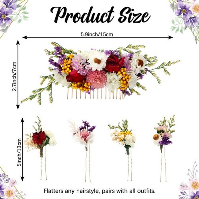 Suncalla 5 Pcs Purple Dried Flower Hair Pins and Comb for Wedding with Baby Breath Roses Hydrangeas for Women Girls Bride Bridesmaid Bachelorette Party Bridal Shower(Fresh)