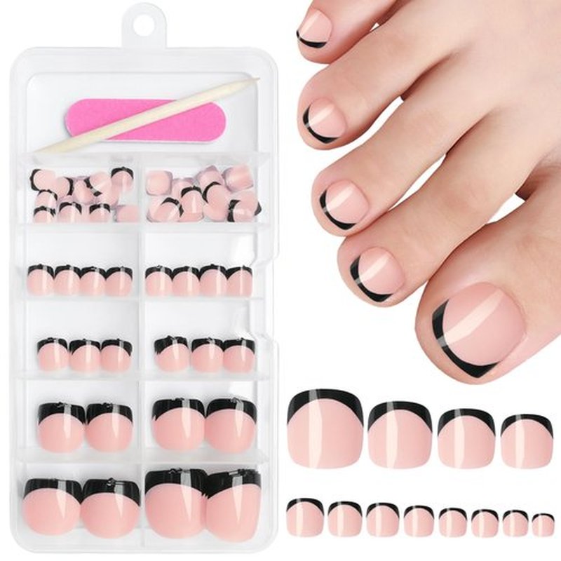 AddFavor 120pcs Press-on Toenails for Women, Black French Tip, Glossy Acrylic False Toenails