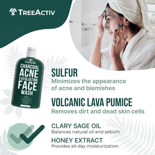 TreeActiv Acne Charcoal Face Wash 3.4 oz, Exfoliating Daily Honey & Sulfur Acne Cleanser Face Soap, Deep Cleansing Moisturizing Face Wash for Women and Men