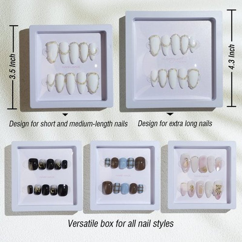 LIGHT RAIN Press on Nail Packaging Storage Box Case - 3.5 x 3.5 X 0.8 Inch 3D Floating Frame 24 pcs, Display Card 24 pcs, Pre-cut Double Sided Strong Tape 48 pcs, OPP bag 24 pcs