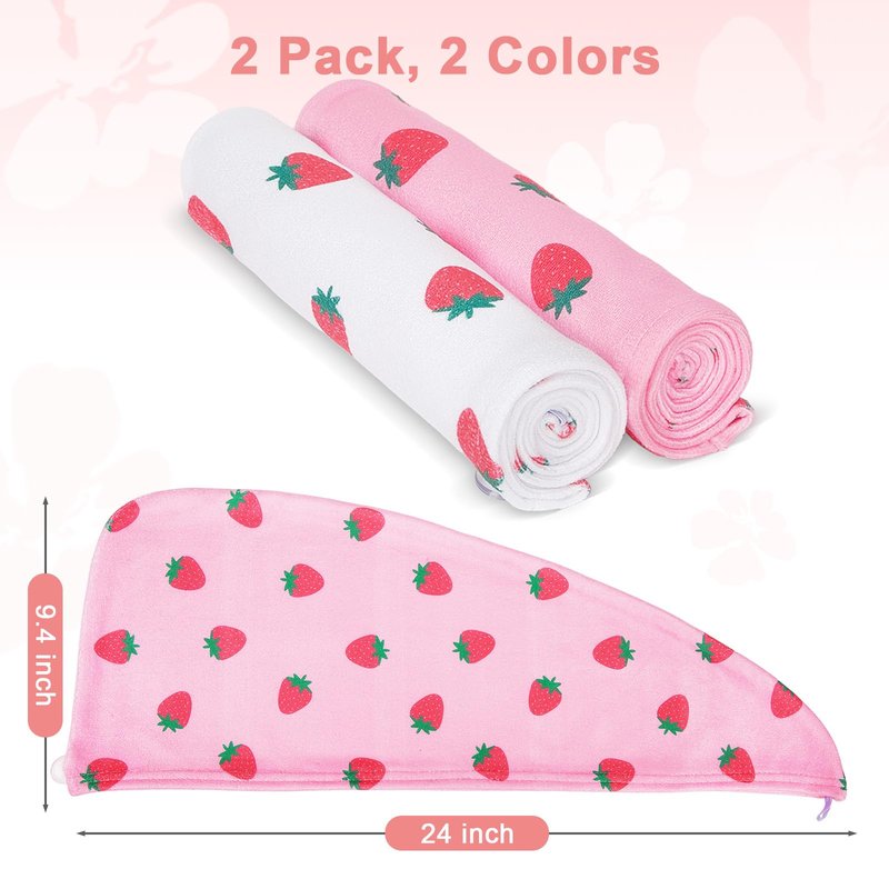 Unicorn Castle Microfiber Hair Towel for Kids 2Pack Hair Wrap Towels Absorbent Hair Drying Towel Wrap Hair Turbans for Curly Thick Hair, Pink White Strawberry