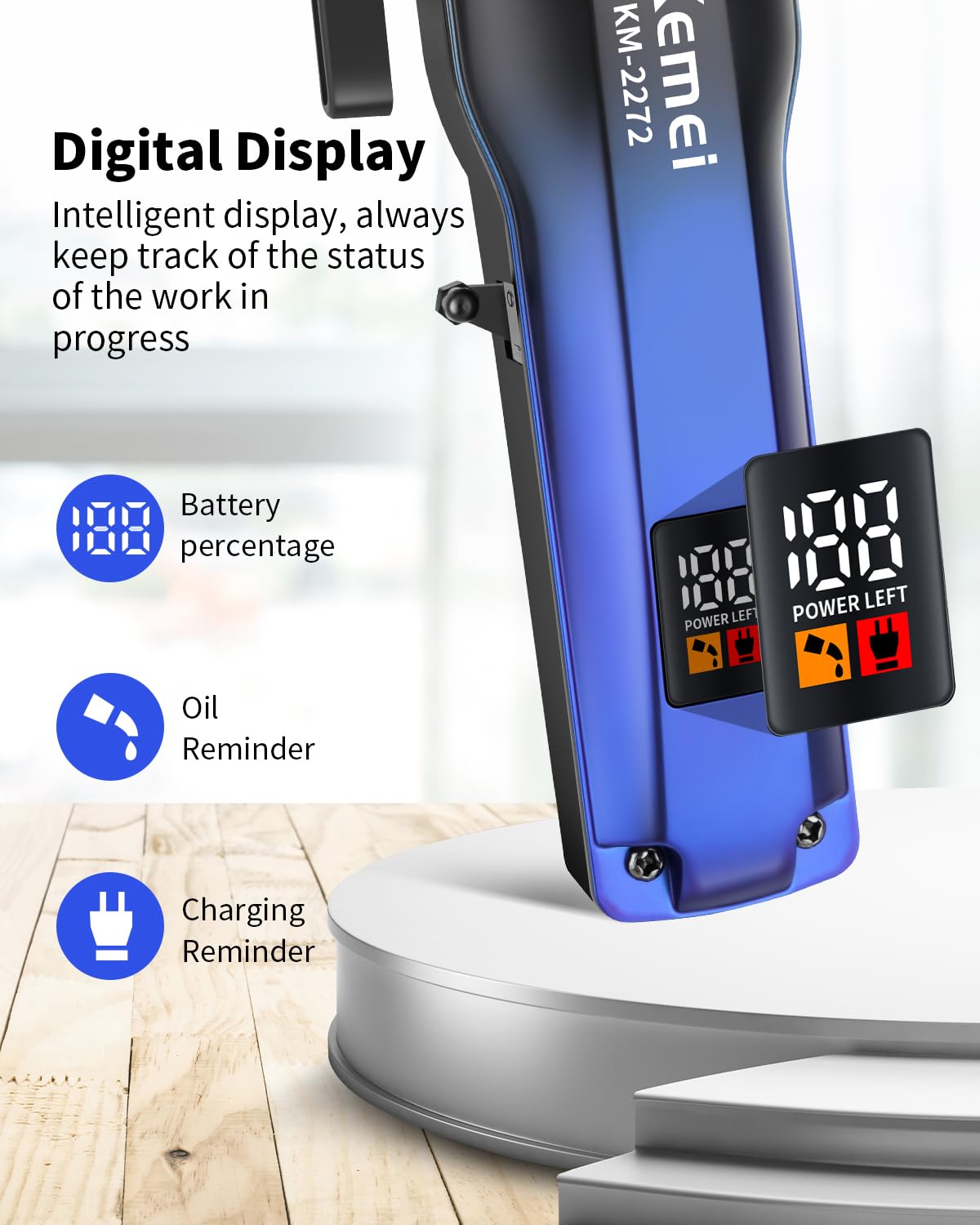 KEMEI KM-2272 Professional Hair Clippers for Men, Cordless Barber Clippers, Electric Clipper for Men Haircut, USB Type C Rechargeable Up to 200 Min Usage with LED Display