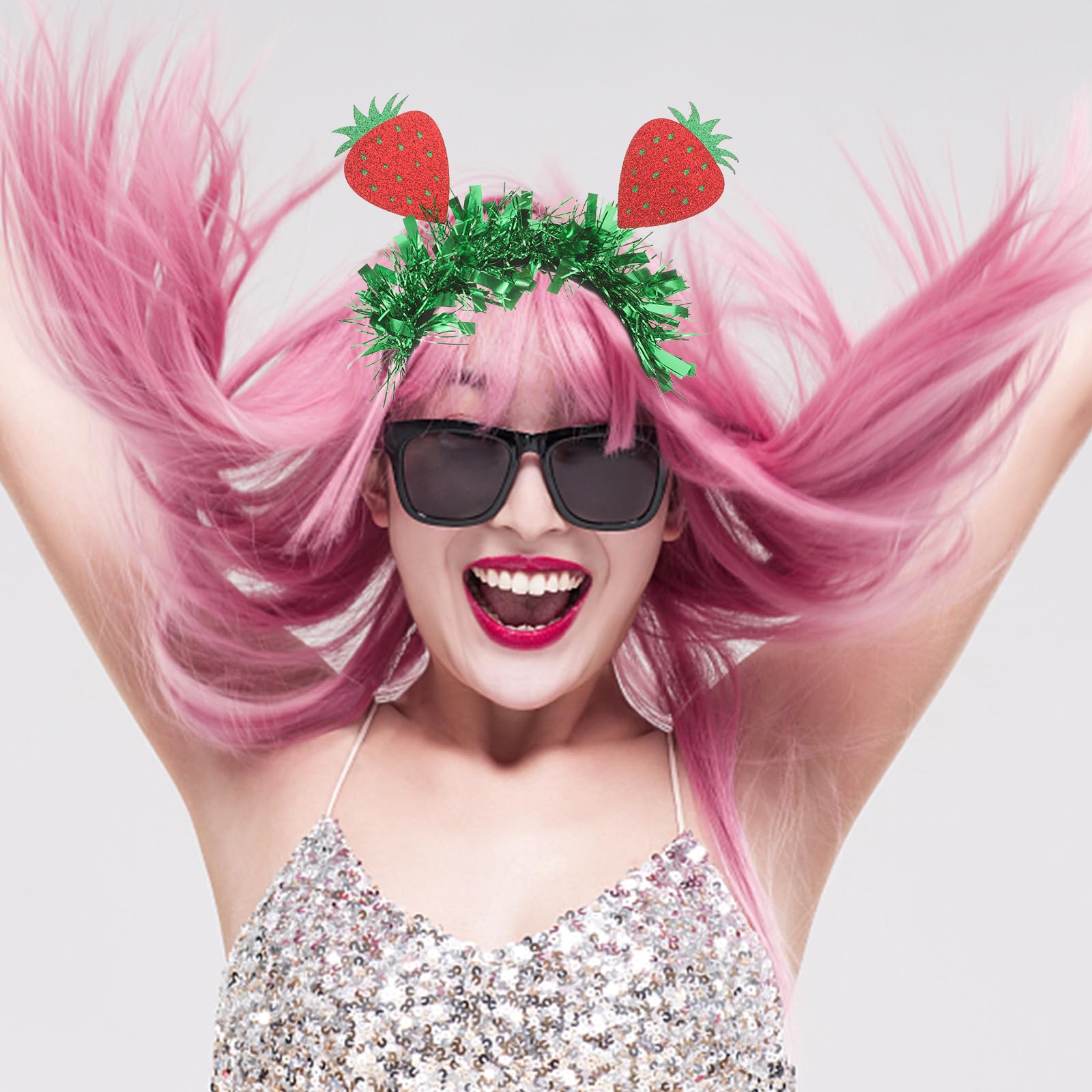 Women Girl Strawberry Headbands Glitter Tinsel Fruit Headband Valentines Easter Party Boppers Hair Accessories 7.87 x 9.44 x 1.96 inch