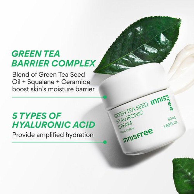 innisfree Jumbo Green Tea Seed Hyaluronic Acid Cream With Barrier Boosting Complex and Ceramide, Korean Hydrating Face Moisturizer for Dry Skin