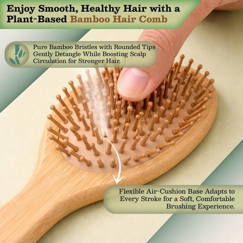 Bamboo Brush for Hair Growth - Natural Bristle Detangling Brush with Wooden Paddle | Reduces Breakage & Massages Scalp - Ideal for All Hair Types