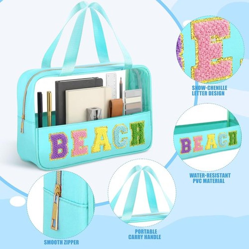 Hillban Clear Beach Makeup Bags - 6 Pcs Waterproof Travel Toiletry Bags with Handle | Large PVC Nylon Cosmetic Set for Summer Vacation