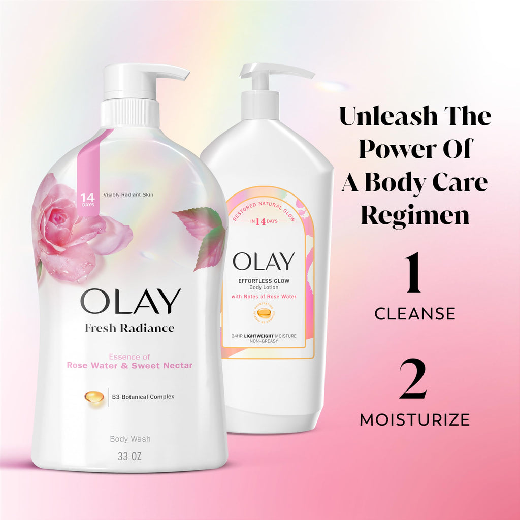 Olay Body Wash for Women, Fresh Radiance, Refreshing & Renewing, Made with Plant Based Cleansers, B3 Botanical Complex, For All Skin Types, Rose Water & Sweet Nectar Scent, 33 fl oz (Pack of 4)
