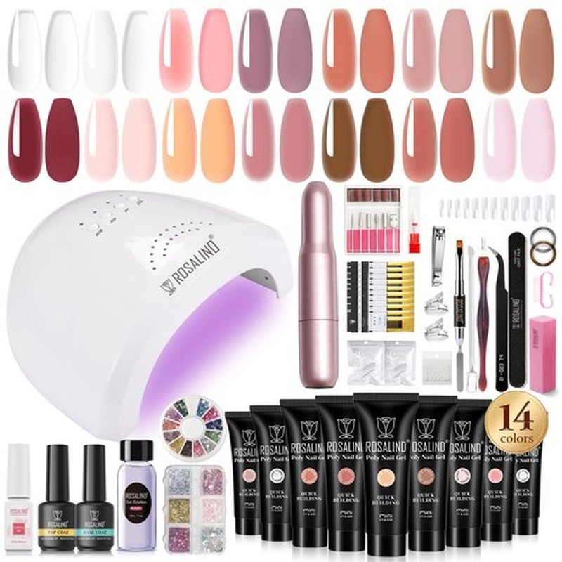 ROSALIND Poly Nail Gel Kit with Drill -14 Colors + 75 Nail Art Accessories Kit Nude Pink Series Poly Gel with Big Uv Light 48W and Electric Nail Drill Poly Nail Gel Starter Kit with Everything Gift