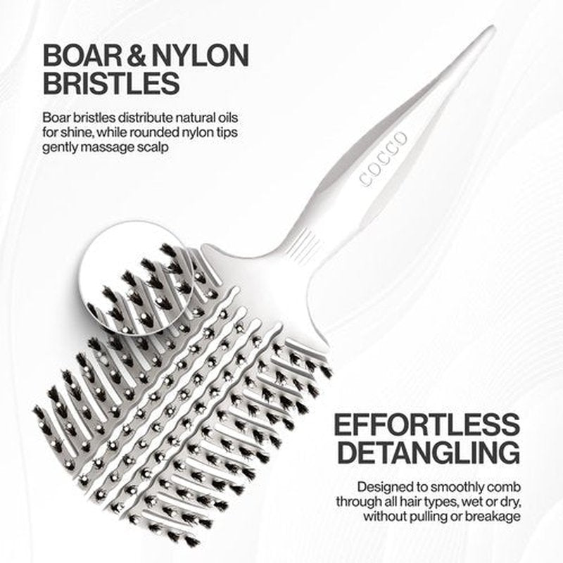 COCCO Aura Vent Boar Brush | Vented Dual-Curved Design for Faster Drying, Effortless Detangling & Shine, Boar + Nylon Bristles, Ergonomic Comfort Handle for Wet & Dry Hair Styling - White