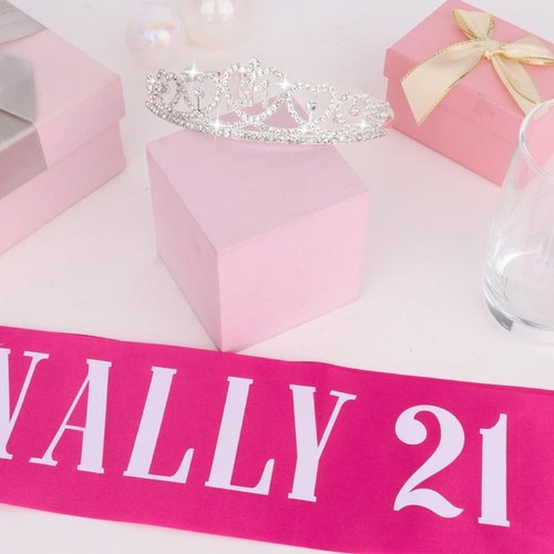 Amariver Finally 21 Silver Crown with Rhinestones & Hot Pink Sash - 21st Birthday Tiara & Party Supplies