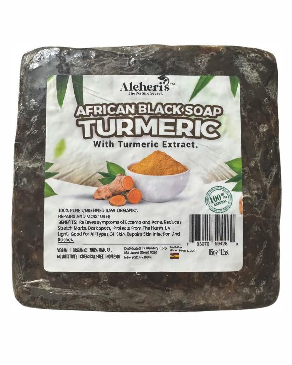 Aleheri's African Black Soap with Turmeric 16 oz - Raw African Black Soap from Ghana, Handmade Natural Face & Body Cleanser with Shea Butter, Deep Cleansing Soap for All Skin Types