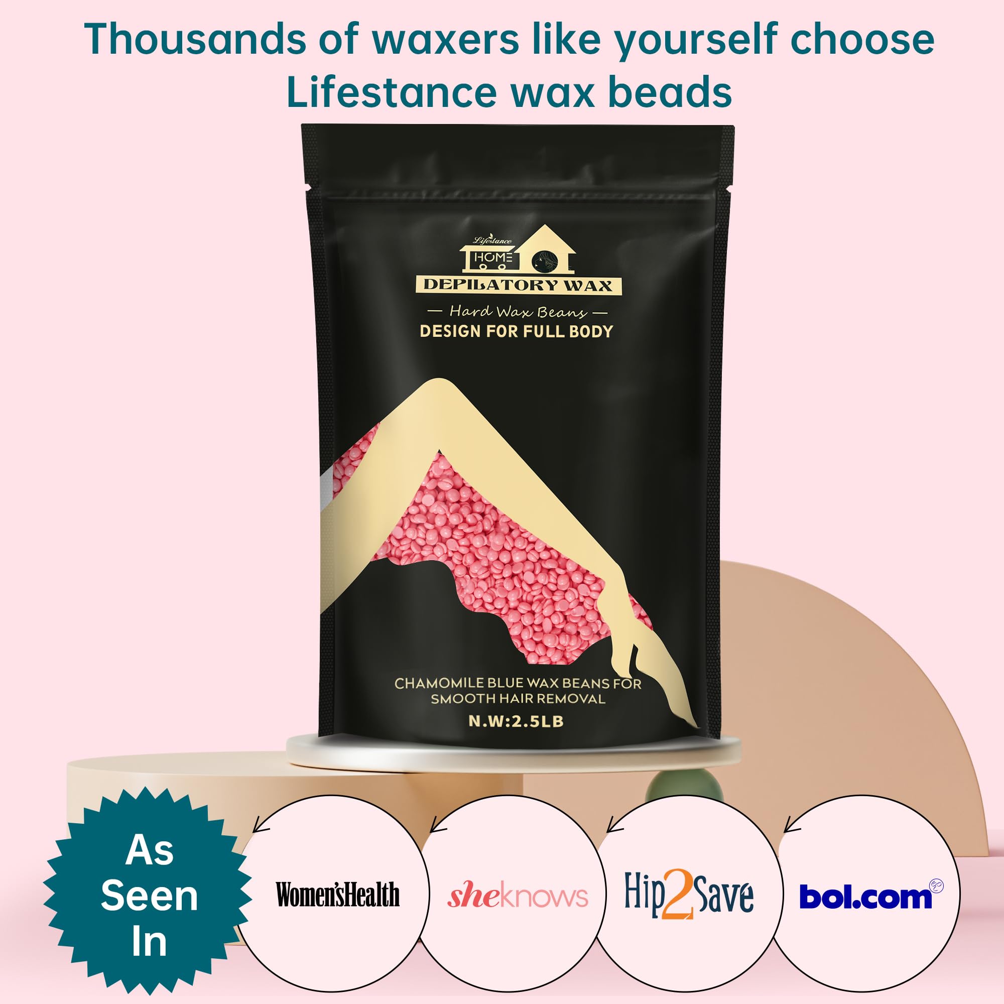 Lifestance Wax Beans Hair Removal Kit, Rose Pink, 2.5lb with 30 Applicators for Eyebrow, Face, Underarm, Bikini Waxing, Women Men Sensitive Skin