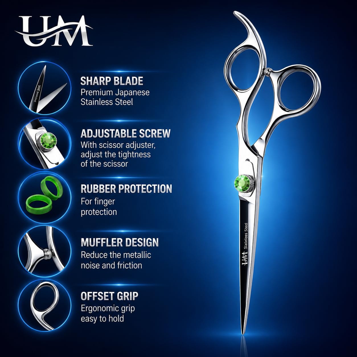 UM Supplies Scissors 6.5 | Premium Barber Shears For Hair Cutting | Multiple Purpose Cutting Scissors | Haircut Scissors For Salon I Women | Mens | kids I Pets | Silver-Green