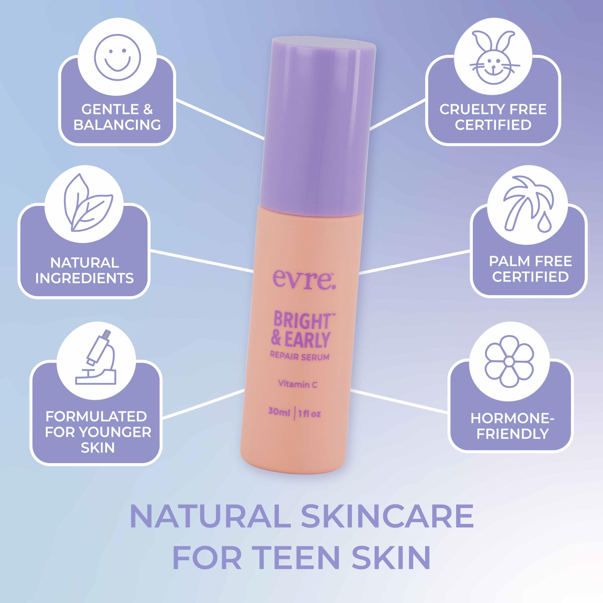 Evre Bright & Early Teen Vitamin C Repair Serum, Brightens, Hydrates & Evens Skin Tone, Natural, Cruelty-Free & Palm-Free, Great for Sensitive Skin, 1 Fl Oz