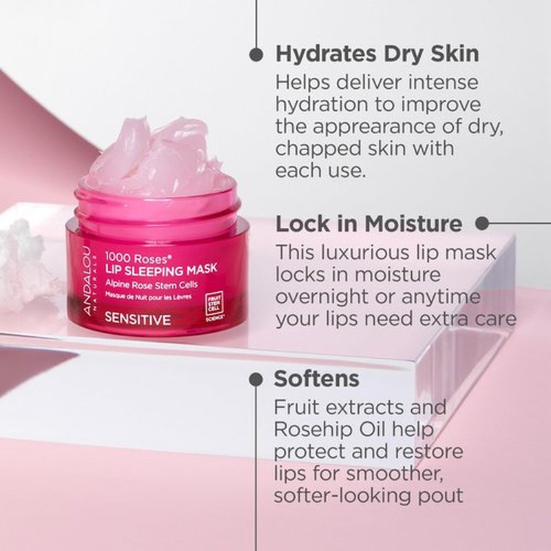 Andalou Naturals Mask 1000 ROSES, Overnight Sleeping Mask for Dry, Chapped Lips, Plumping, Hydrating & Soothing Balm with Alpine Rose Stem Cells, Vegan & Cruelty-Free, 0.42 O