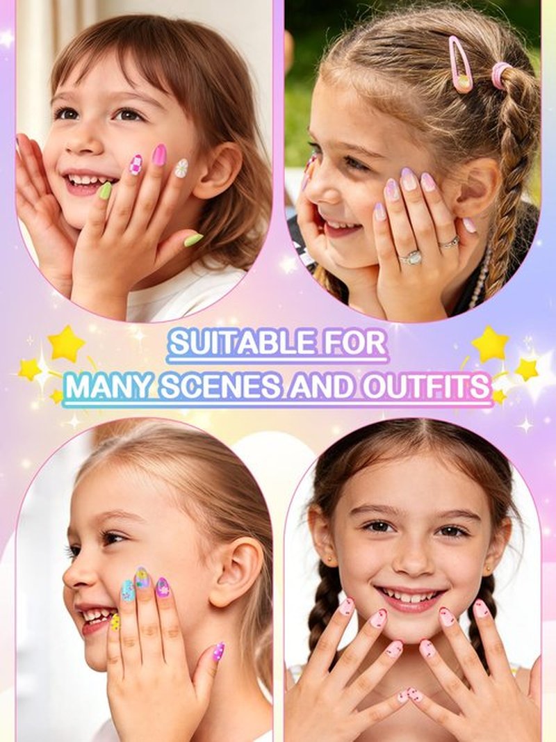 EBANKU 156 Pcs Press on Nail Kids Gift Box, 6 Pack French Flower Kid Flase Nails Kit with Nail Glue Set Fake Nail for Girls 5-10 Years Christmas Gift Set