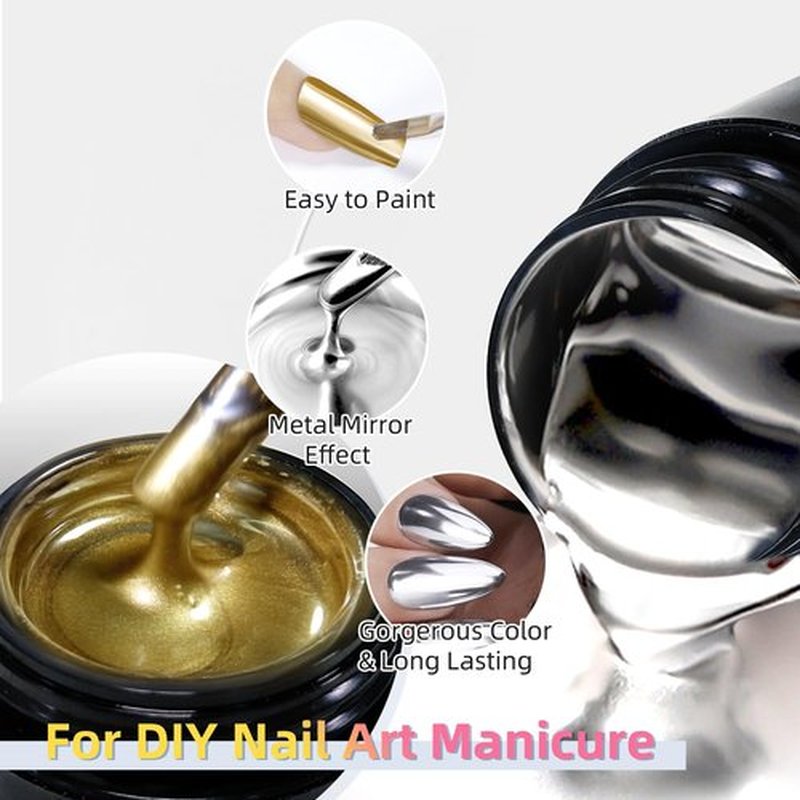 U-Shinein 2x8ml Metallic Painting Gel, Ultra Mirror Silver and Golden Painted Gel Nail Polish, 3D Metal Painting Gel Drawing Mirror Nail Gel Polish High Gloss Soak Off UV/LED DIY Nail Art Manicure