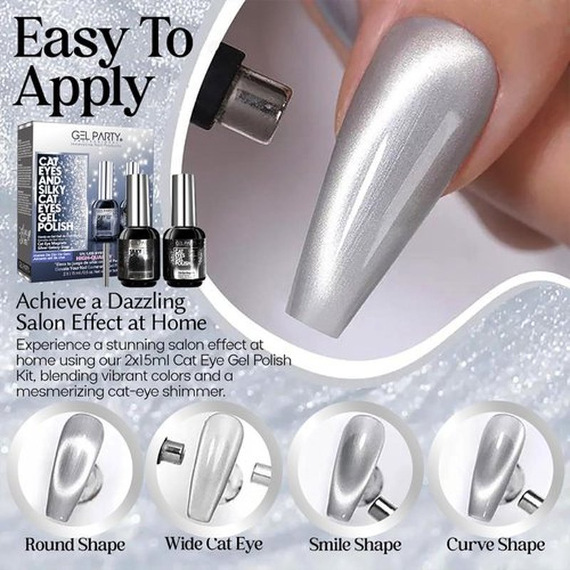 GELPARTY 2x15ml 9D Cat Eye Gel Polish Set – Magnetic Silver & Grey Diamond UV/LED Soak-Off Nail Gel, Multi-Dimensional Galaxy Effect, Long-Lasting, HEMA-Free Nail Polish for Salon & DIY Art