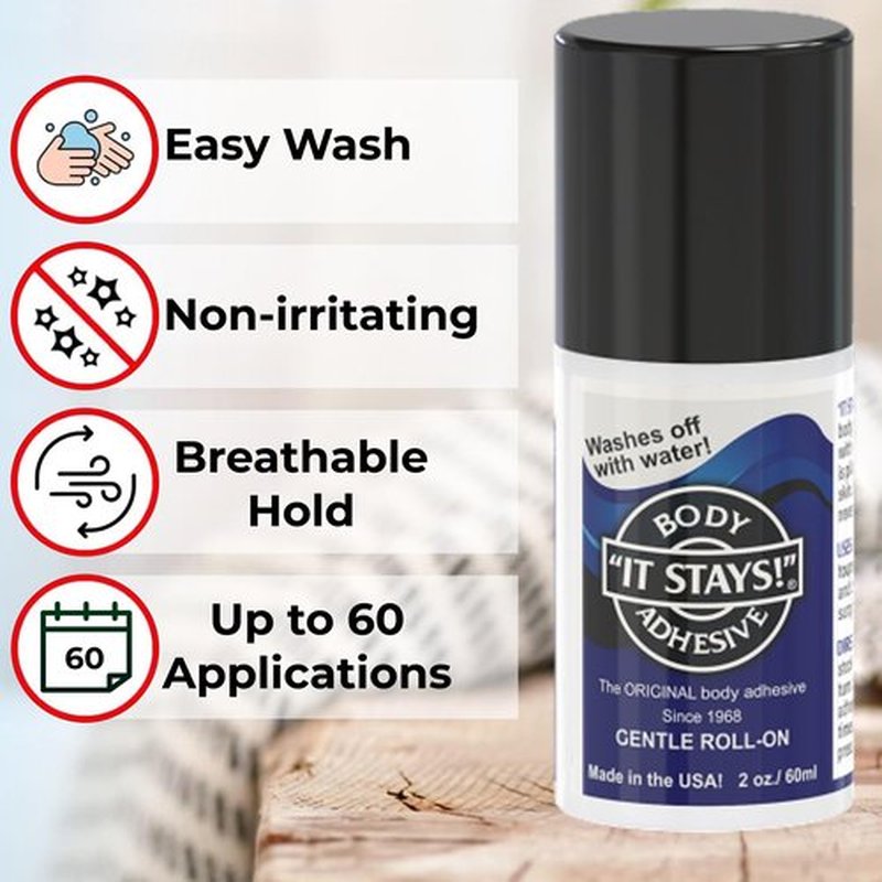 ABSOLUTE SUPPORT It Stays! Butt Glue for Dancers Roll On - Body Adhesive Glue Applicator for Wigs, Socks, Stockings, Leotards, Bras, Costumes and Clothing - Made in USA - 2 fl oz Clear