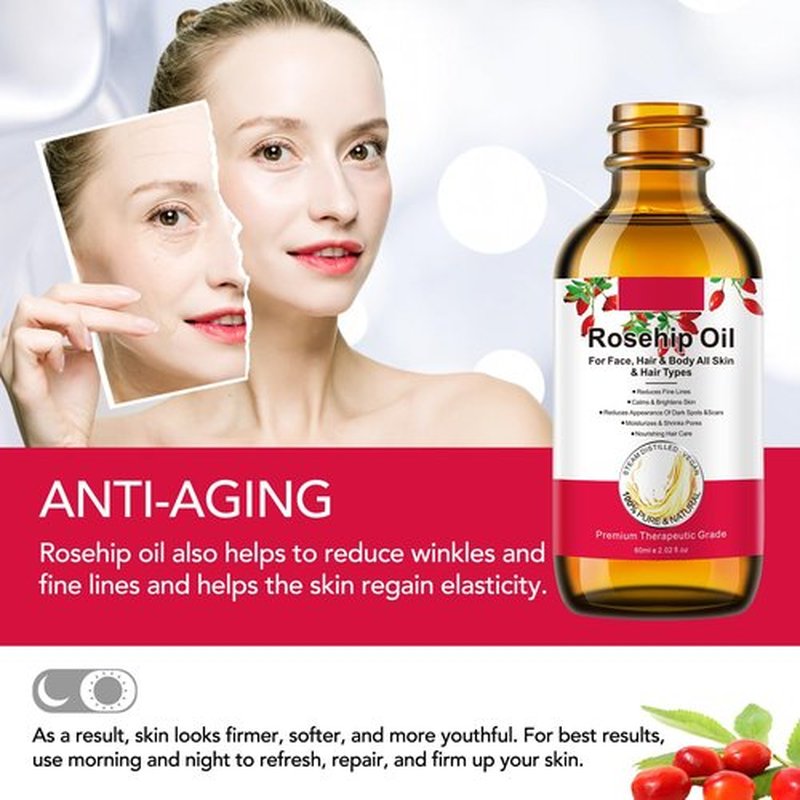 Onznoz Rosehip Oil for Face, Rose Hip Oil Organic Rosehip Seed Oil 100% Pure Cold Pressed for Anti-Aging, Nourishing Hair Care, Face & Skin (2.02 Fl Oz)