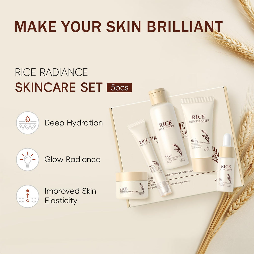 5PCS Rice Skin Care Set for Women & Teen Girls – Facial Kit for Women with Cleanser, Toner, Serum, Eye Cream & Face Cream – Travel Size Skincare Set Soothing & Moisture-Locking Daily Skincare Gift Set