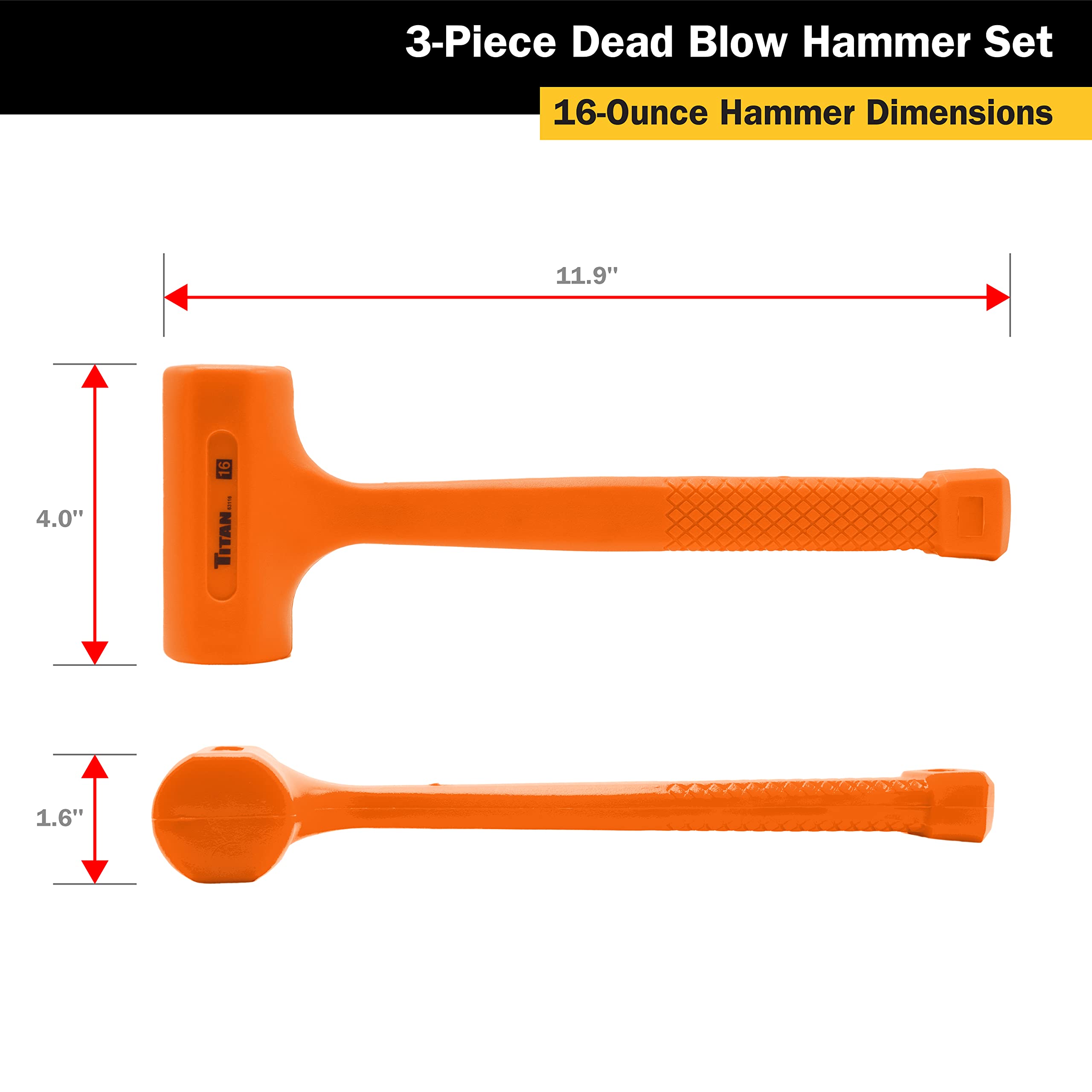 Titan 63143 3-Piece Dead Blow Hammer Set, Includes 1lb, 2lb & 3lb with Non-slip Diamond Textured Handles, Spark & Rebound Resistant